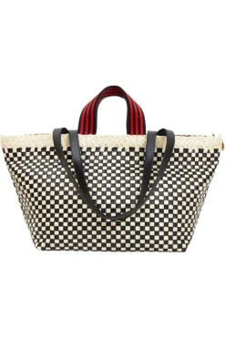 CLARE V. Bateau Tote in Cream & Black Border Woven Checker^ Bags