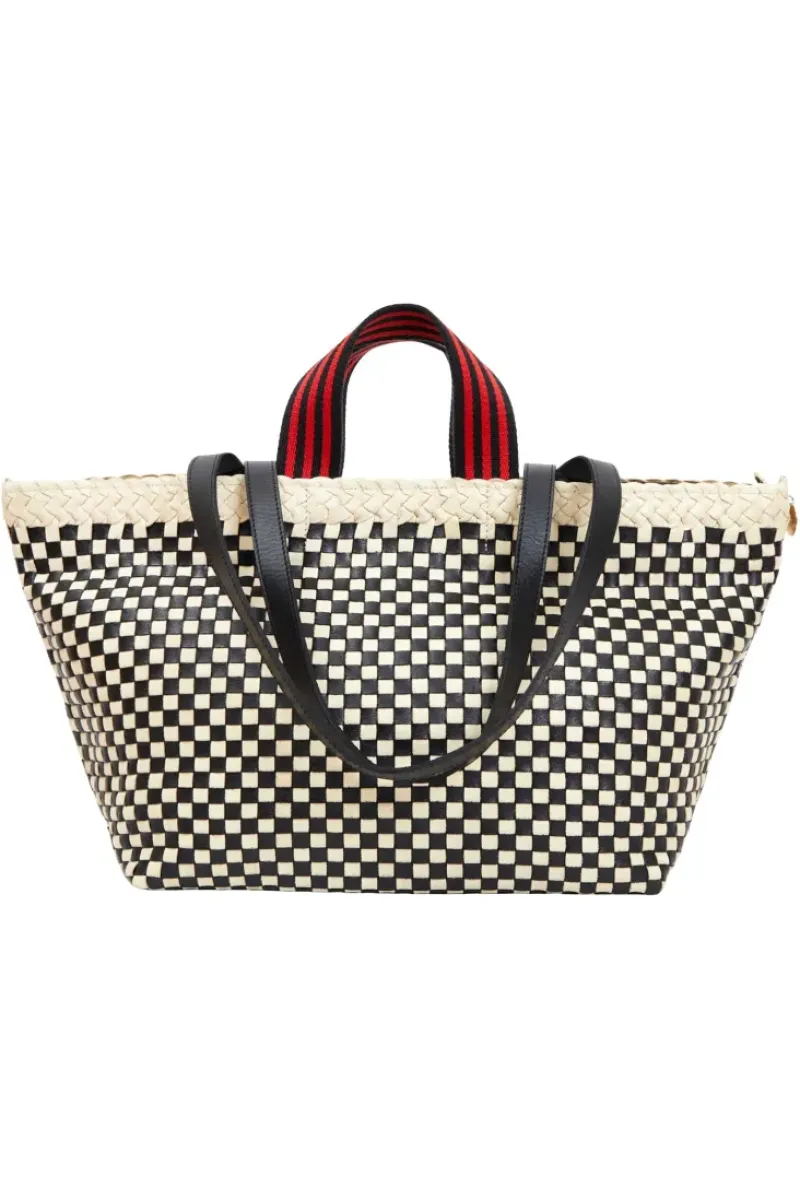 CLARE V. Bateau Tote in Cream & Black Border Woven Checker^ Bags