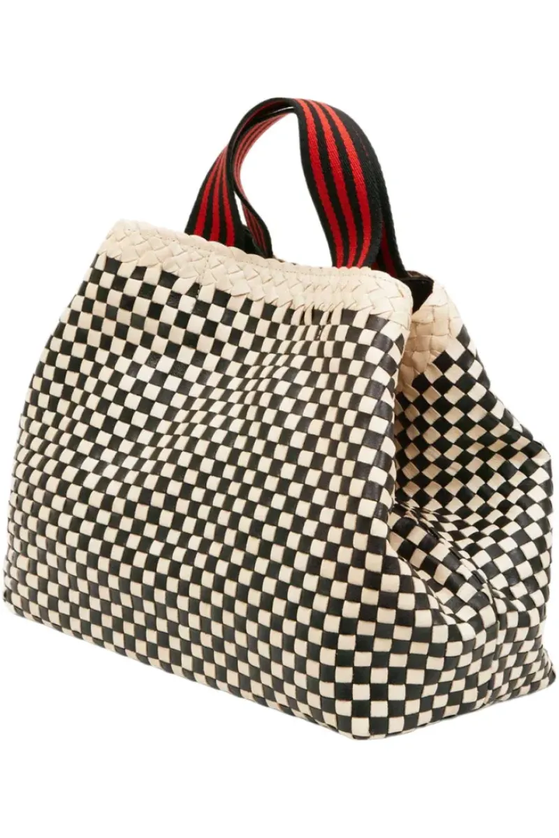 CLARE V. Bateau Tote in Cream & Black Border Woven Checker^ Bags