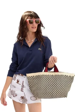 CLARE V. Bateau Tote in Cream & Black Border Woven Checker^ Bags