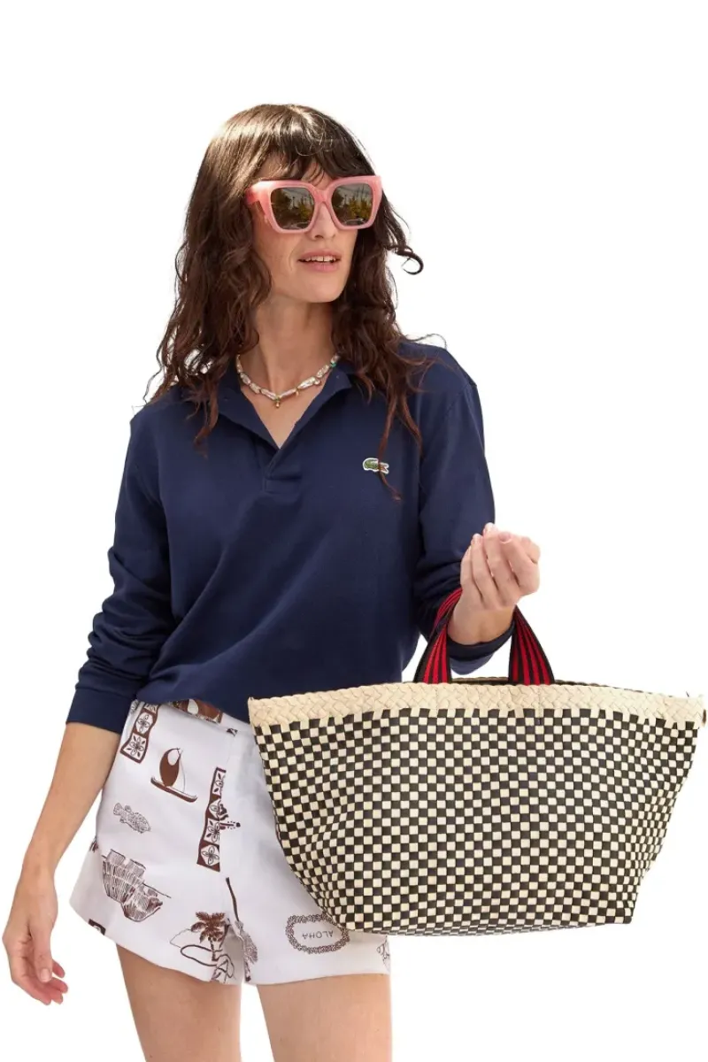 CLARE V. Bateau Tote in Cream & Black Border Woven Checker^ Bags