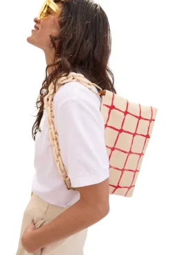 CLARE V. Flat Clutch w/ Tabs in Natural w/ Bright Poppy Net Printed Canvas^ Bags