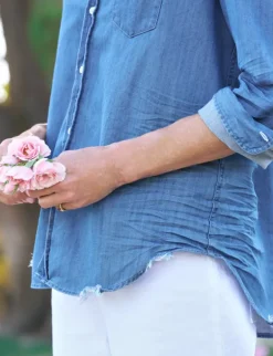 Frank & Eileen Eileen Ruffle Relaxed Button Up Shirt in Vintage Indigo^ Tops