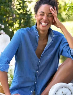 Frank & Eileen Eileen Ruffle Relaxed Button Up Shirt in Vintage Indigo^ Tops