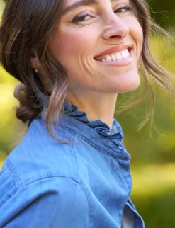 Frank & Eileen Eileen Ruffle Relaxed Button Up Shirt in Vintage Indigo^ Tops