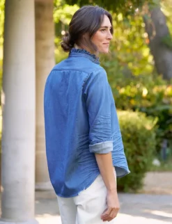 Frank & Eileen Eileen Ruffle Relaxed Button Up Shirt in Vintage Indigo^ Tops