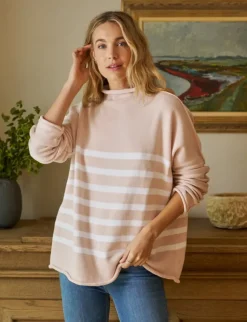 Frank & Eileen Monterey Rolled Funnel Neck Sweater in Vintage Rose with White Stripe^ Sweaters