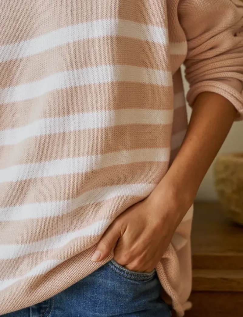 Frank & Eileen Monterey Rolled Funnel Neck Sweater in Vintage Rose with White Stripe^ Sweaters