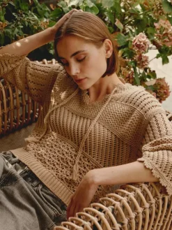 REPEAT Cashmere Ajour Cotton Sweater with Crochet Details in^ Sweaters