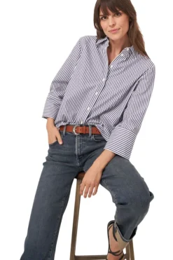 REPEAT Cashmere Cotton Blouse with Stripes in^ Tops