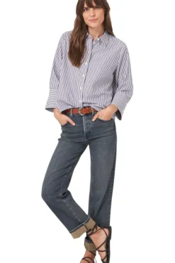 REPEAT Cashmere Cotton Blouse with Stripes in^ Tops