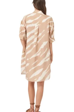 REPEAT Cashmere Linen Blend Shirt Dress with Animal Print in^ Dresses & Jumpsuits