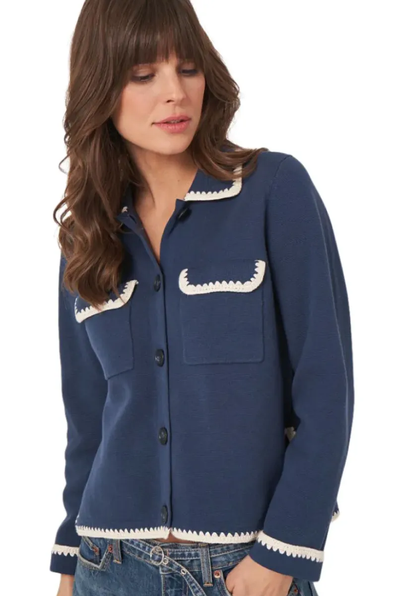REPEAT Cashmere Polo Neck Buttoned Cardigan with Crochet Details in^ Sweaters