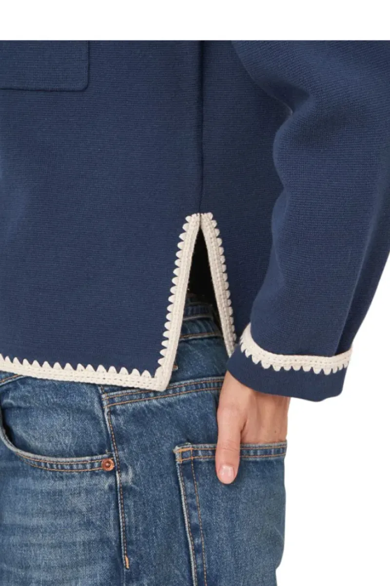 REPEAT Cashmere Polo Neck Buttoned Cardigan with Crochet Details in^ Sweaters