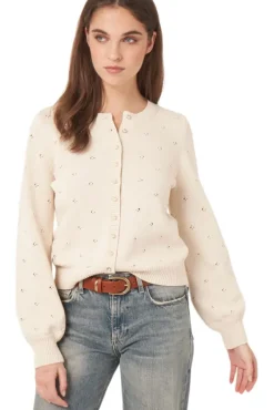 REPEAT Cashmere Pure Cotton Pointelle Cardigan with Pearl Buttons in^ Sweaters