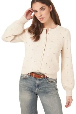 REPEAT Cashmere Pure Cotton Pointelle Cardigan with Pearl Buttons in^ Sweaters