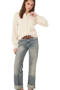 REPEAT Cashmere Pure Cotton Pointelle Cardigan with Pearl Buttons in^ Sweaters