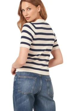 REPEAT Cashmere Short Sleeve Rib Knit Striped Cardigan in^ Sweaters