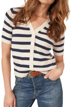 REPEAT Cashmere Short Sleeve Rib Knit Striped Cardigan in^ Sweaters