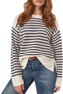 REPEAT Cashmere Striped Ajour Sweater in^ Sweaters