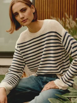 REPEAT Cashmere Striped Ajour Sweater in^ Sweaters
