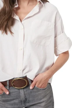 REPEAT Cashmere Striped Shirt with Turn Up Cuffs in^ Tops