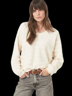 REPEAT Cashmere V-neck Sweater with Textured Wavy Stripes in^ Sweaters