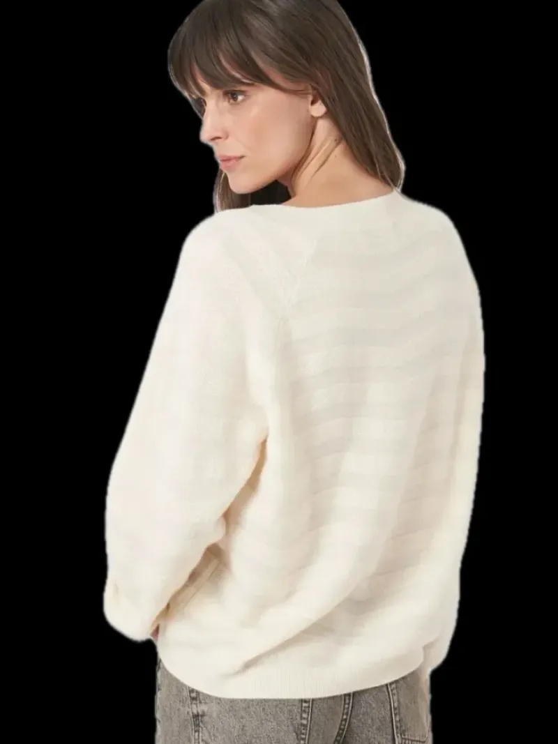 REPEAT Cashmere V-neck Sweater with Textured Wavy Stripes in^ Sweaters