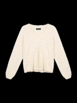 REPEAT Cashmere V-neck Sweater with Textured Wavy Stripes in^ Sweaters
