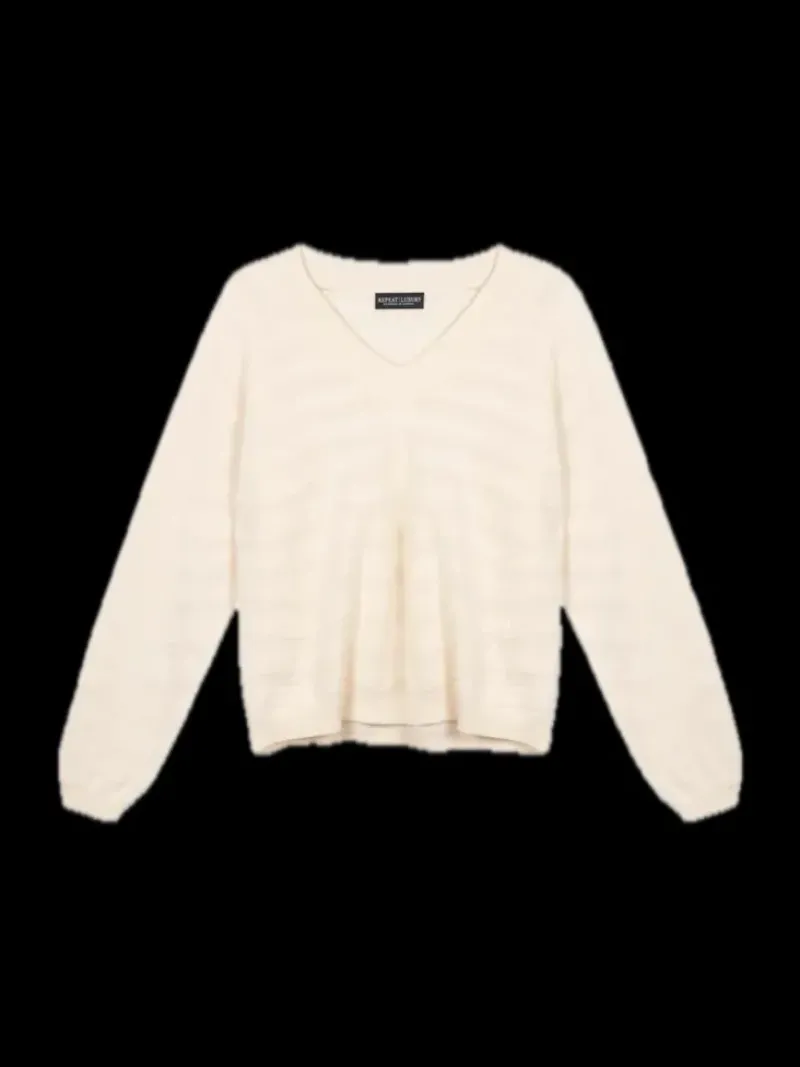REPEAT Cashmere V-neck Sweater with Textured Wavy Stripes in^ Sweaters