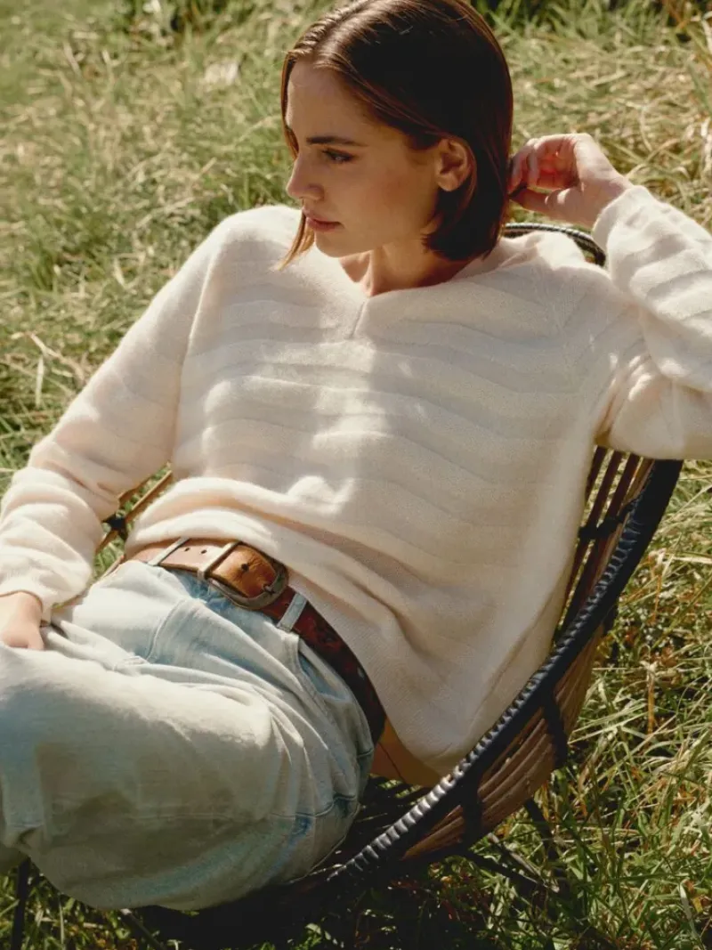 REPEAT Cashmere V-neck Sweater with Textured Wavy Stripes in^ Sweaters