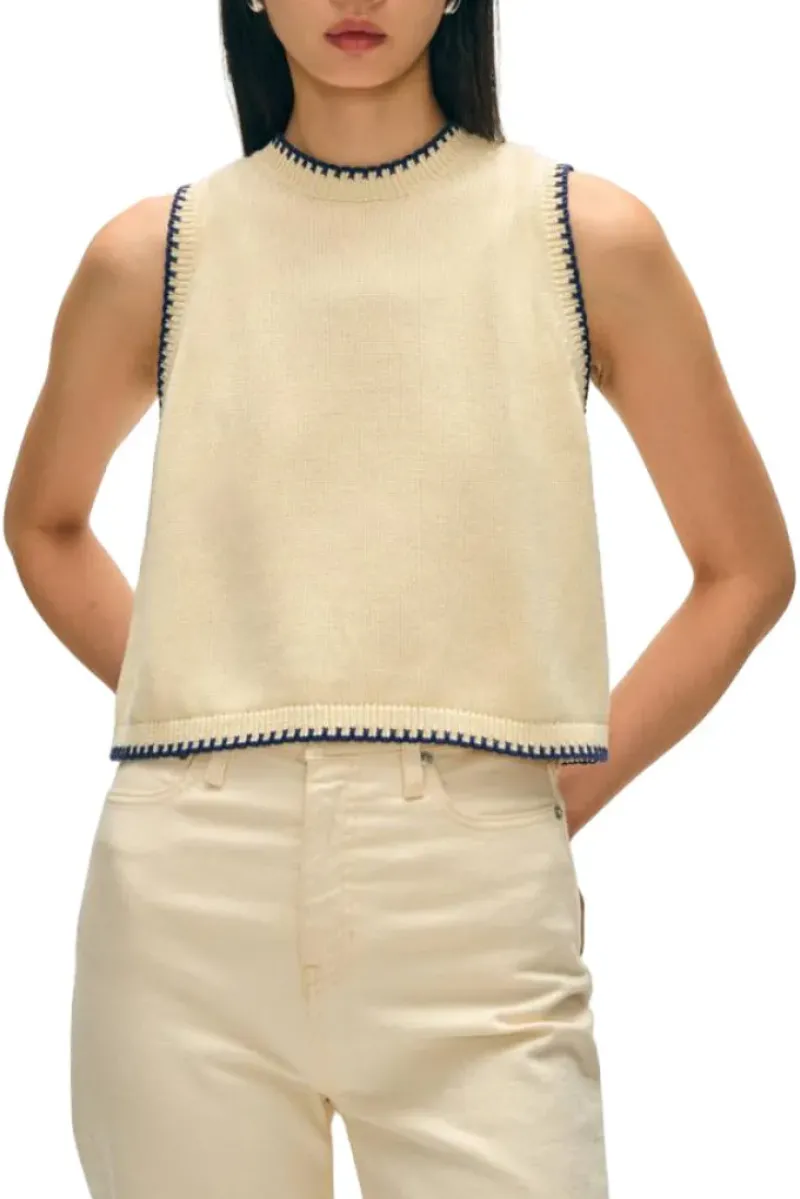 WHITE & WARREN Organic Cotton Blanket Trim Tank in Ivory - Navy^ Sweaters