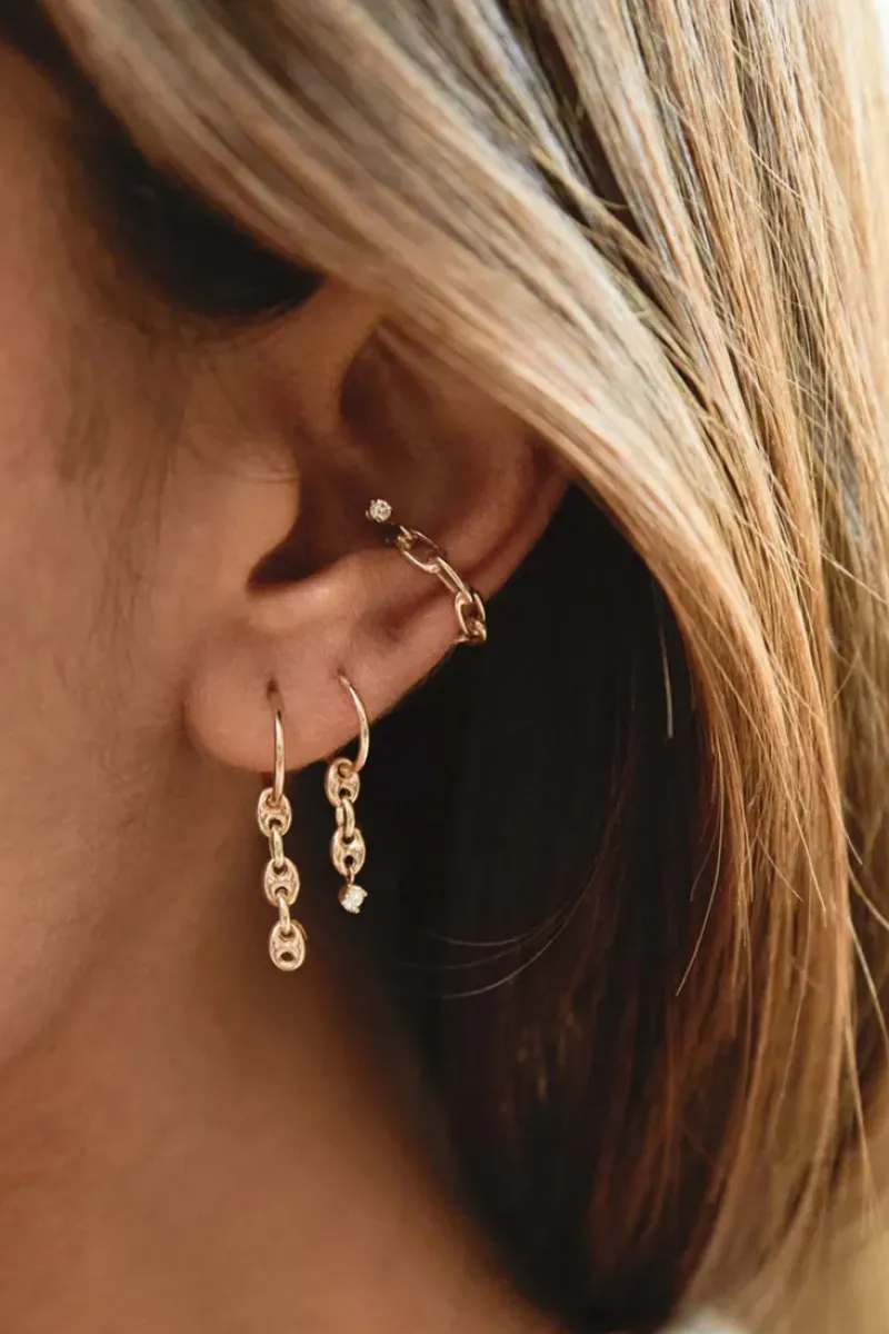 ZOE CHICCO Dangling Diamond & Puffed Mariner Chain Thin Huggie Hoops in 14k^ Earrings